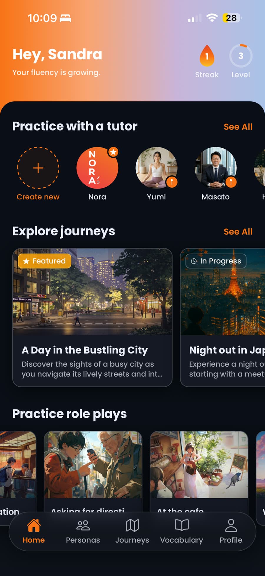 The Nora home screen with tutors Yumi and Masato and story journeys to explore.